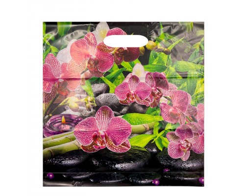 Пакет с прорубной ручкой "Ветка орхидеи" 45*45 см (60 мкм) (упак.50шт)