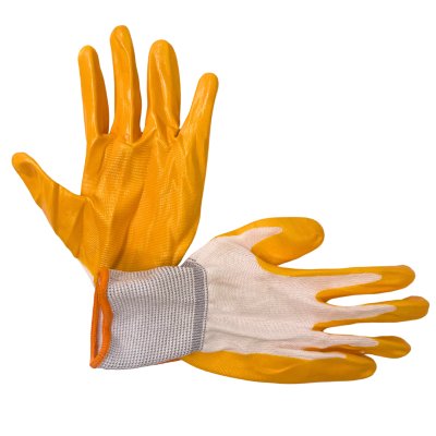 Перчатки белый нейлон полуобливные оранжевым  нитрил-МБС покрытием /12/1200