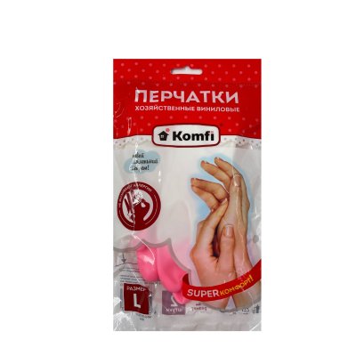 Перчатки хозяйственные виниловые, L(Komfi)/1/12/72