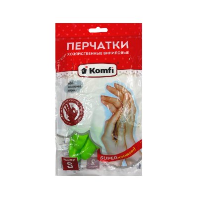 Перчатки хозяйственные виниловые, S(Komfi)/1/12/72