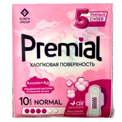 Прокладки женские PREMIAL гигиенические с крылышками (10шт.) NORMAL WINGS хлоп. поверхность/24